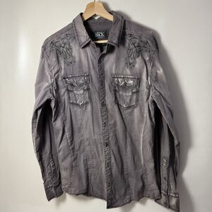 Buckle Black Men's Shirt Lg  Gray Standard Fit Western Cowboy Embroidered Tribal